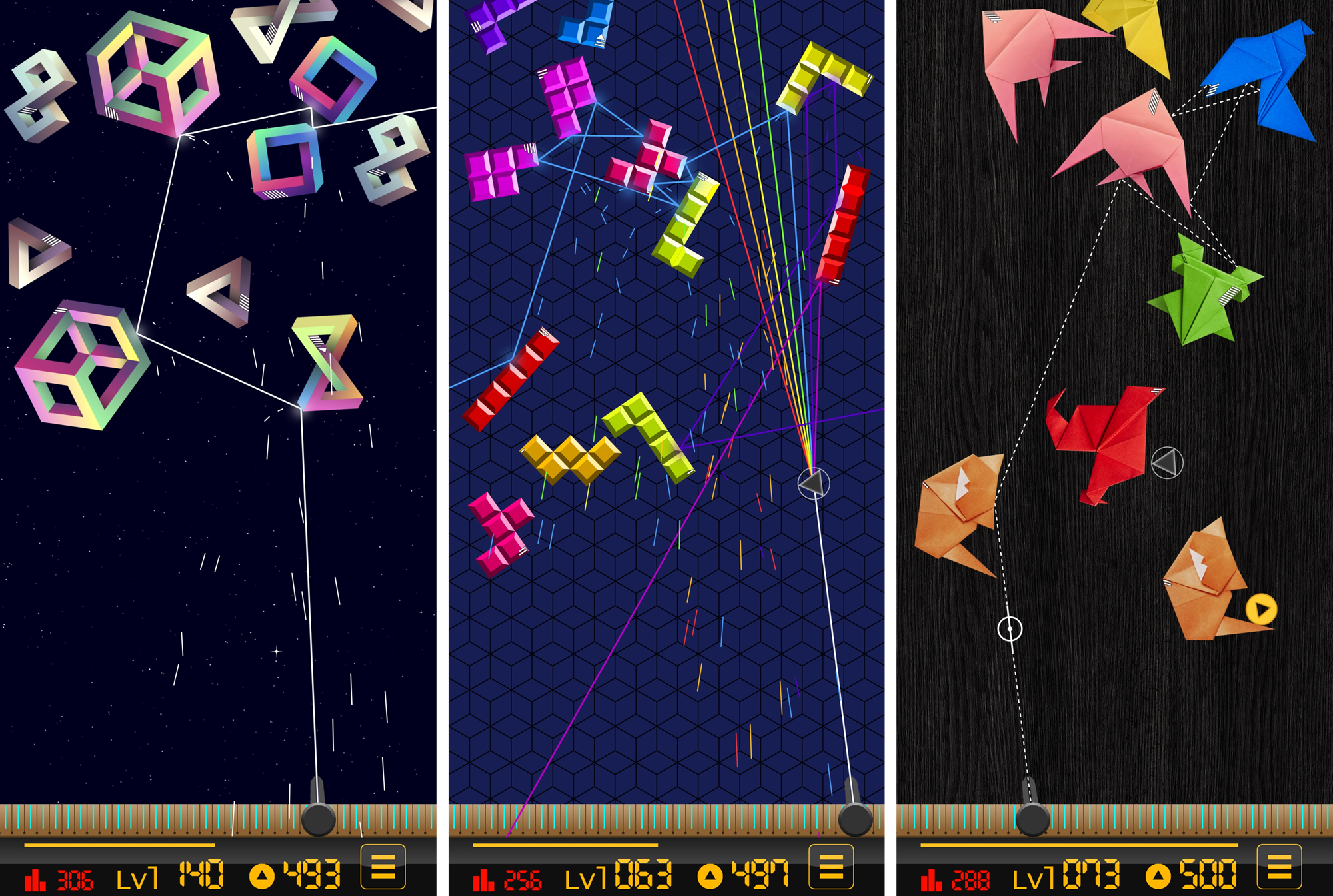screenshots of the three worlds
